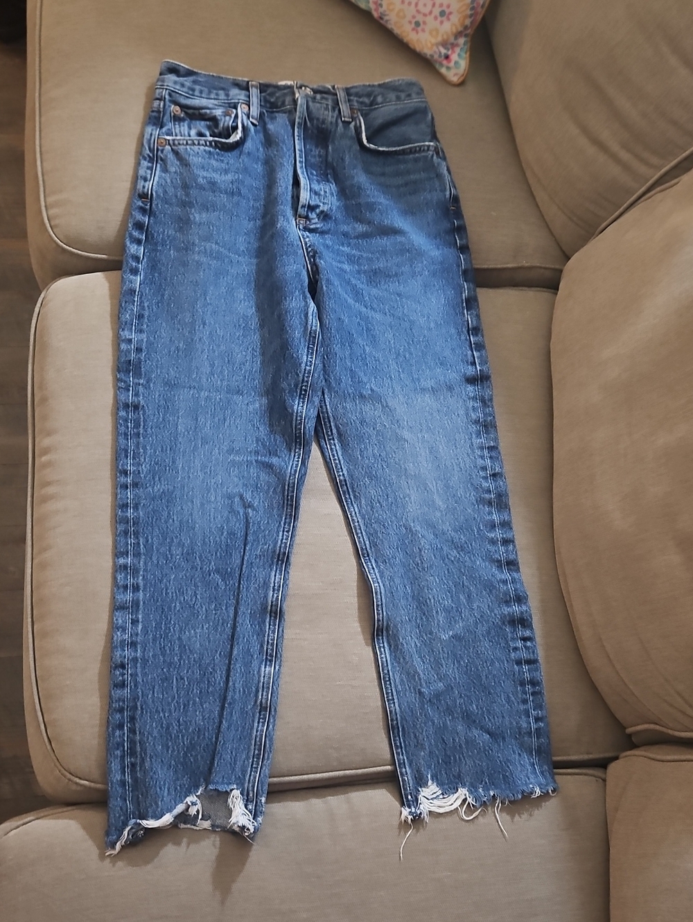 Agolde Blue High-Rise Cropped Jeans Frayed Hem Sz 25 Straight Leg Pinched Waist